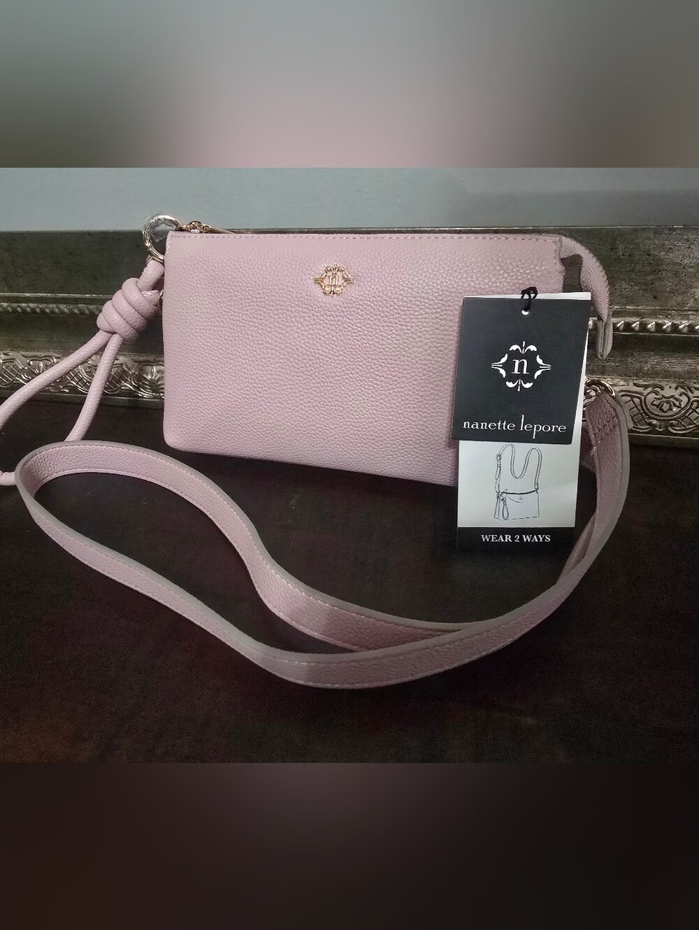 Nanette Lepore Pink Pebble Leather Crossbody with Gold Emblem